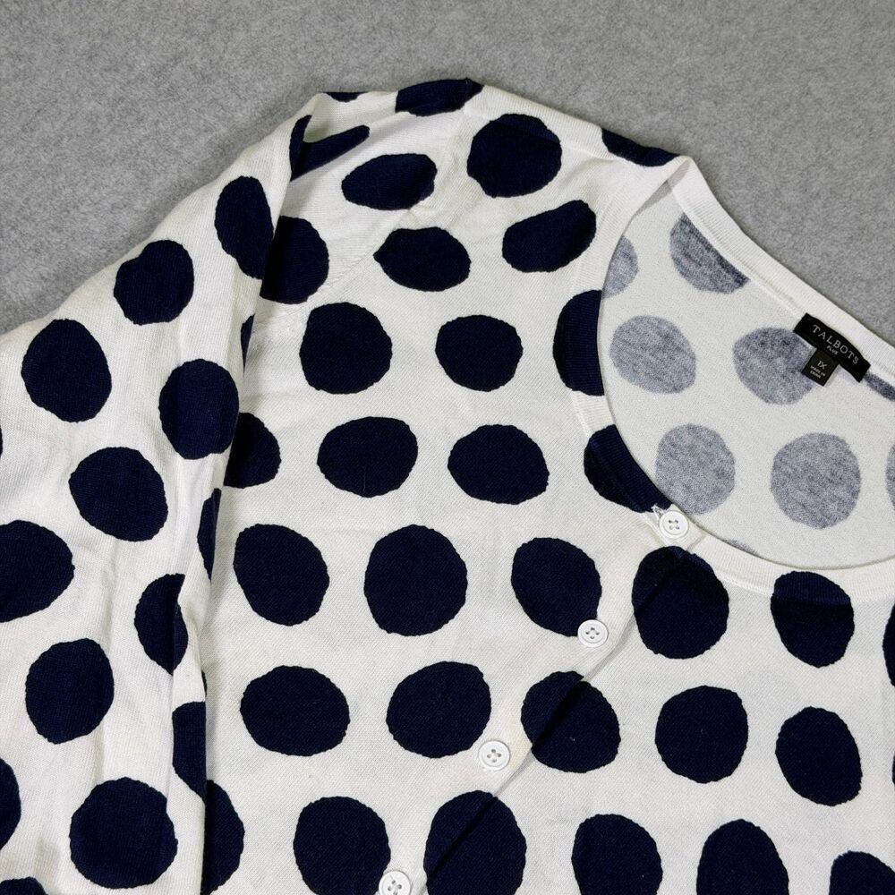 Talbots 1X Plus Polka Dot Cardigan White Navy Button Front Knit Sweater